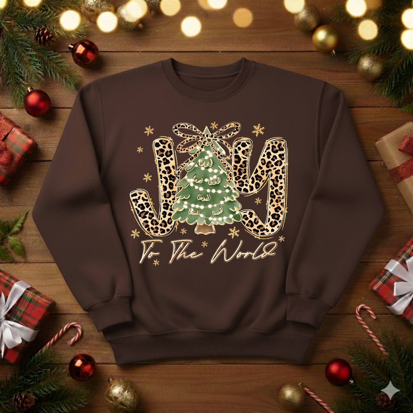 Leopard Print JOY To The World Christmas Tree Sweatshirt / Tshirt (0002)