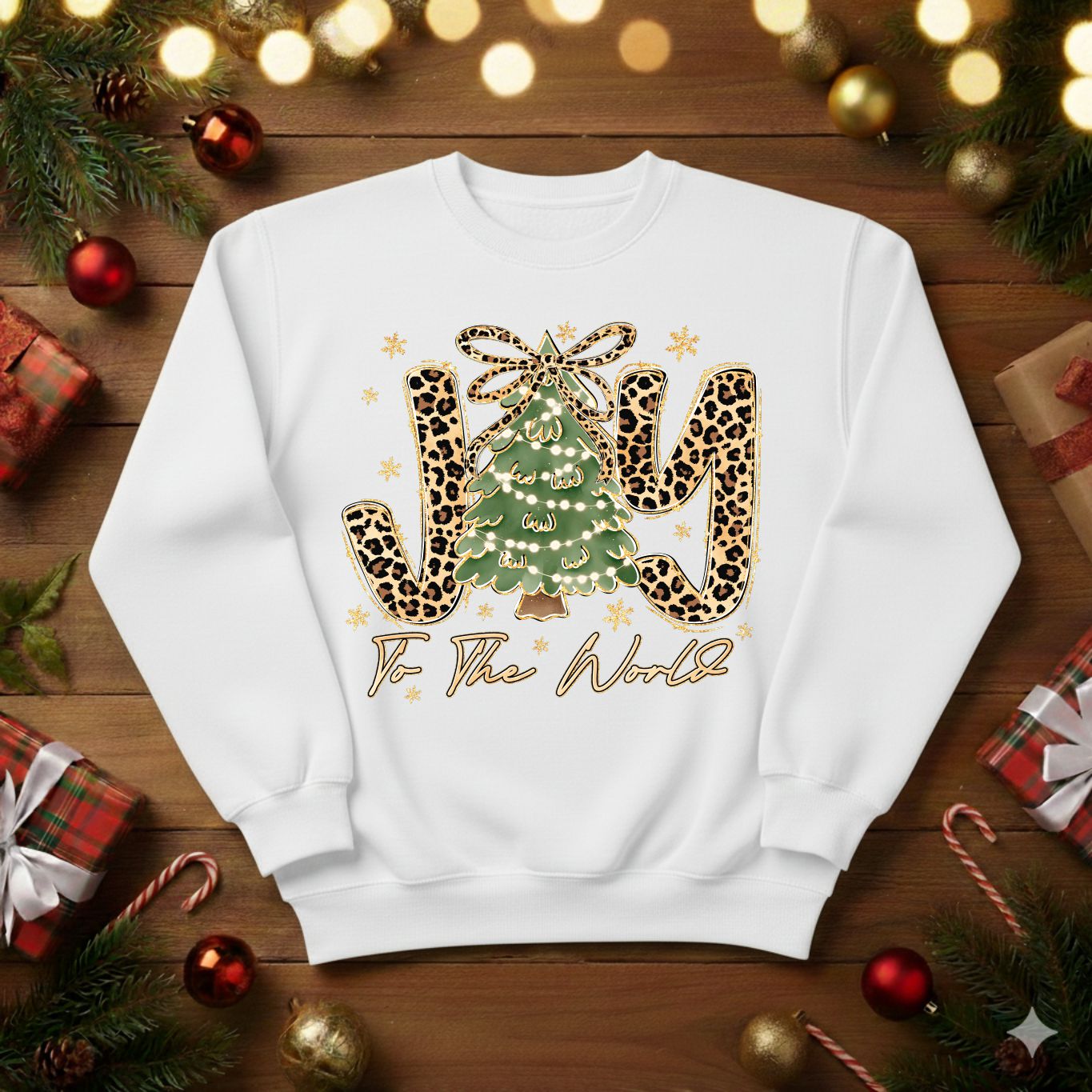 Leopard Print JOY To The World Christmas Tree Sweatshirt / Tshirt (0002)